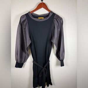 Alice Olivia Black Gray Wool Dress Linen Silk Blend Puff Sleeves S